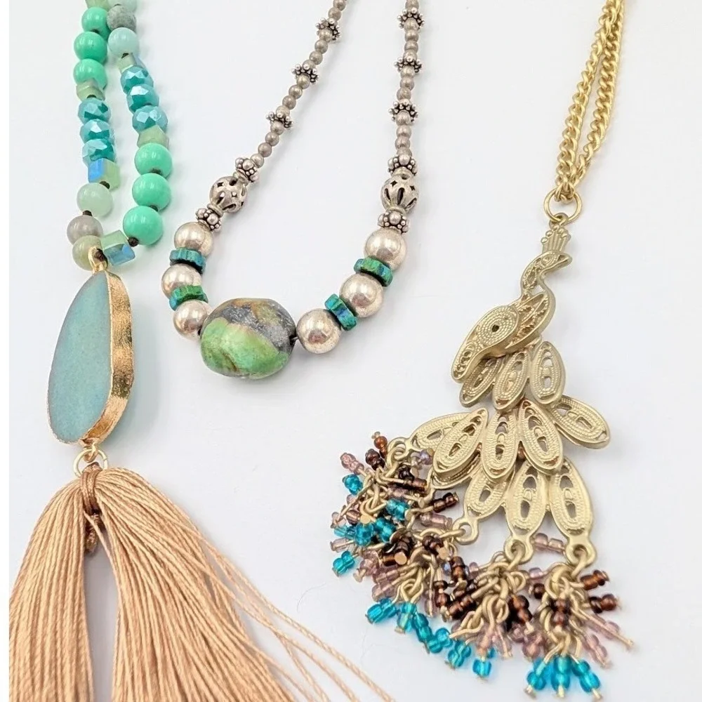 Boho Statement Necklace Lot Set of 3 Turquoise Color Bead Tassel Peacock Pendant